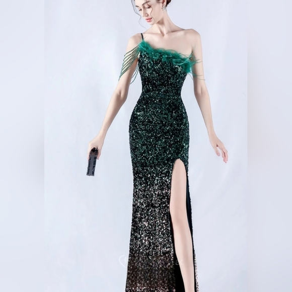 Green and Gold Sequin Gown with High Slit - Picture 3 of 16